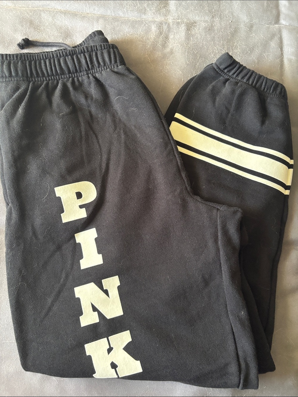 PINK Victoria's Secret Black Sweatpants with Cream Logo Stripes